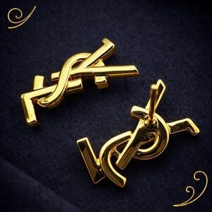 Saint Laurent Paris YSL Gold Tone Logo Drop Earrings Designer Luxury